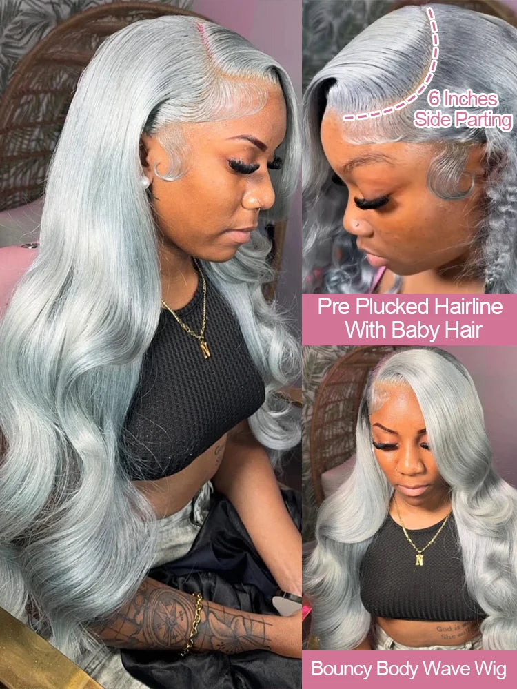 30 40 Inch Silver Grey Colored Body Wave Human Hair 13x6 HD Lace Frontal Wigs
