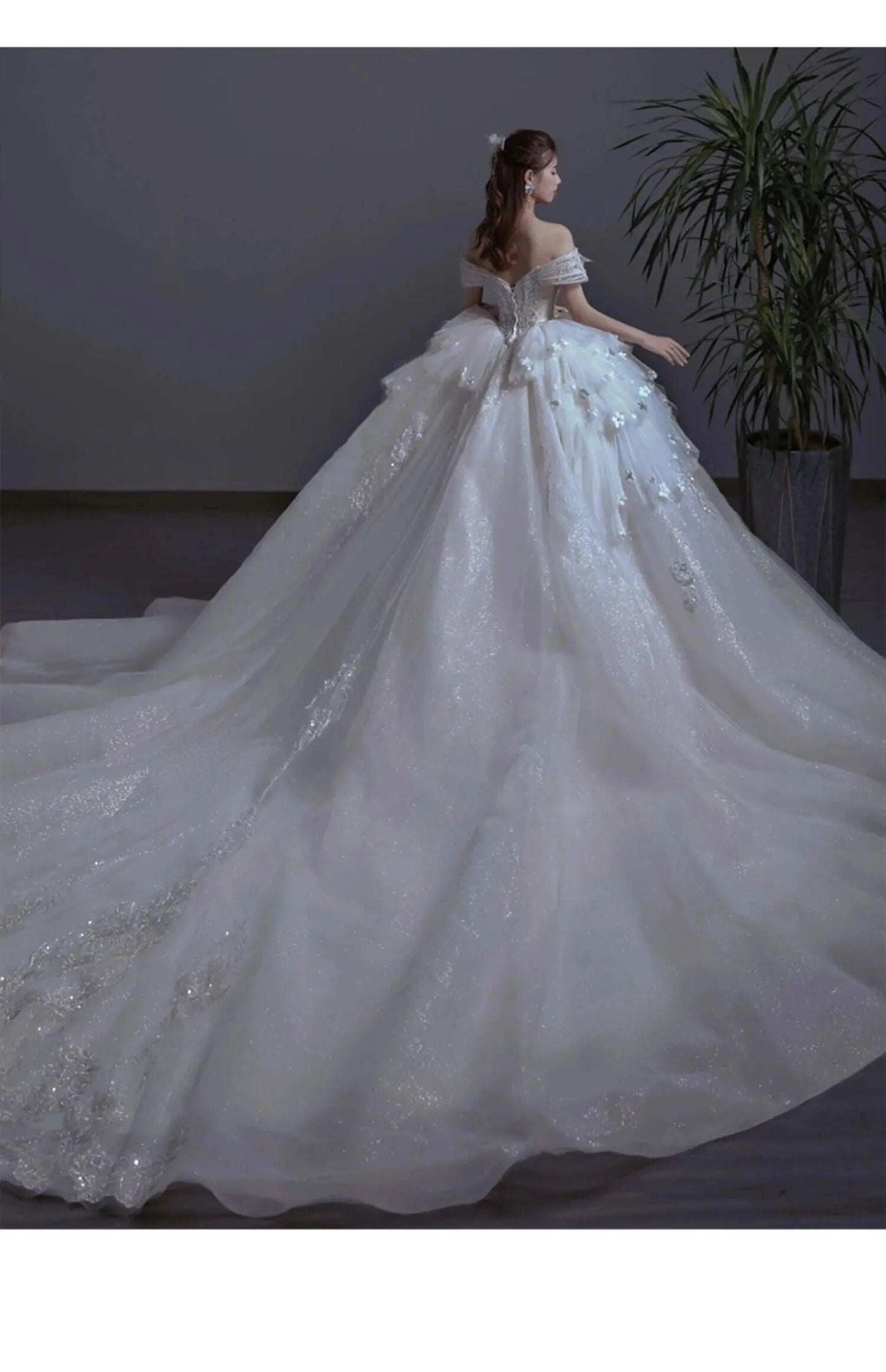 Floral Print Off The Shoulder Lace Luxury Wedding Dress