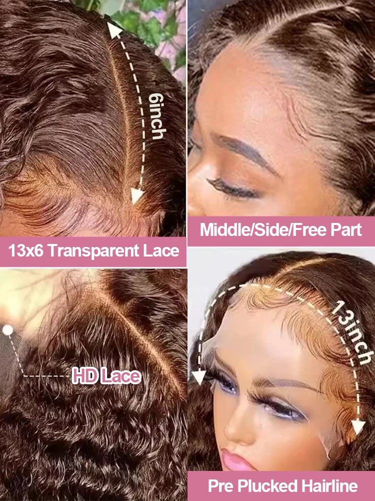 30 40 Inch Chocolate Brown Deep Wave 13x6 HD Lace Frontal Wig Human Hair Curly 13x4 Lace Front Wig Brazilian For Women 250%