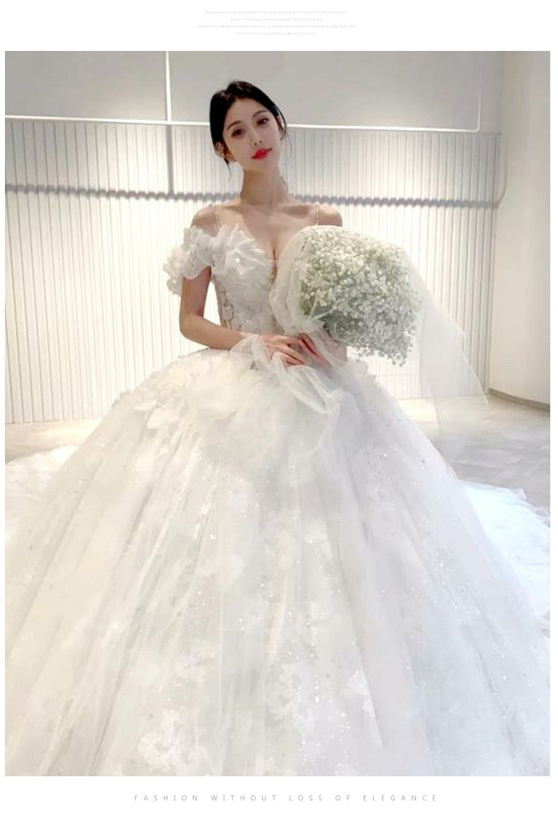 Luxury Off The Shoulder Sexy V-neck Bridal Dress