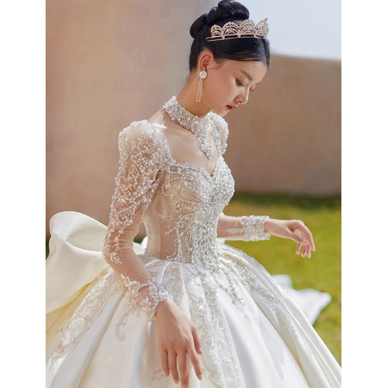 Luxury Bride Dress Pearl Satin Backless Strap With Large Bow Floor-length And Trailing