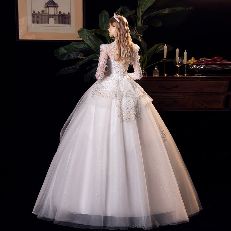 Luxury Long Sleeve Beading High Waist Wedding Gowns
