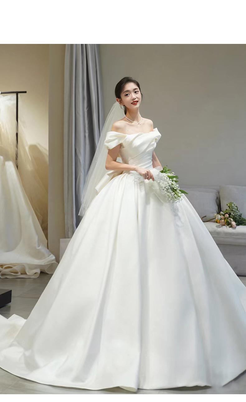 Spring Off The Shoulder Wedding Dress Simple Satin Sweep Train Bridal Gown