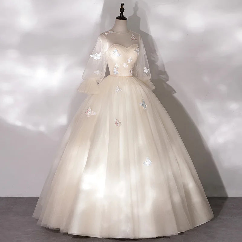 Champagne Tulle Appliques Prom Quinceanera Dresses