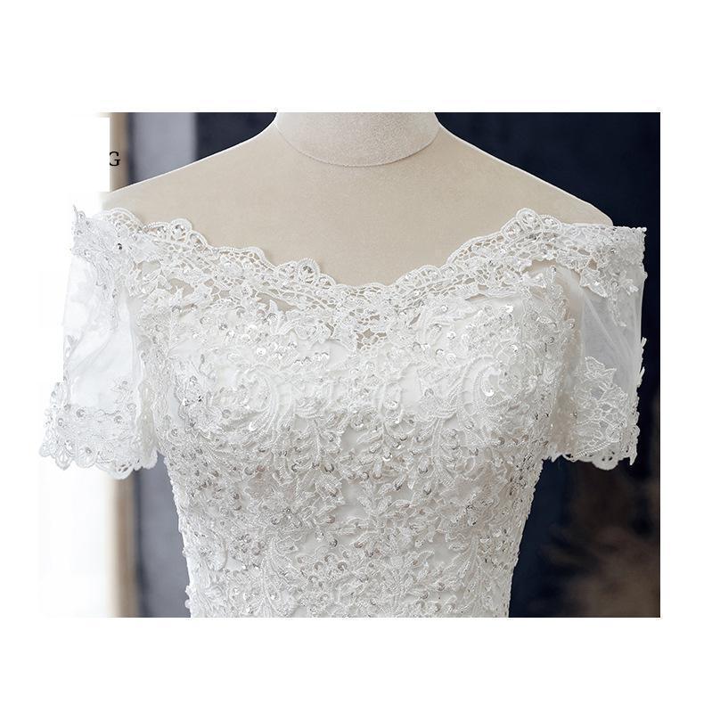 Lace Applique Wedding Dress Boat Neck Lace Up Short Sleeve Mermaid Bridal Dress