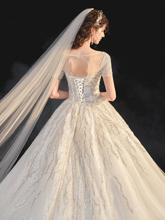 Bridal Dress Sweep Train Back Lace Up Sequins Elegant Wedding Dress