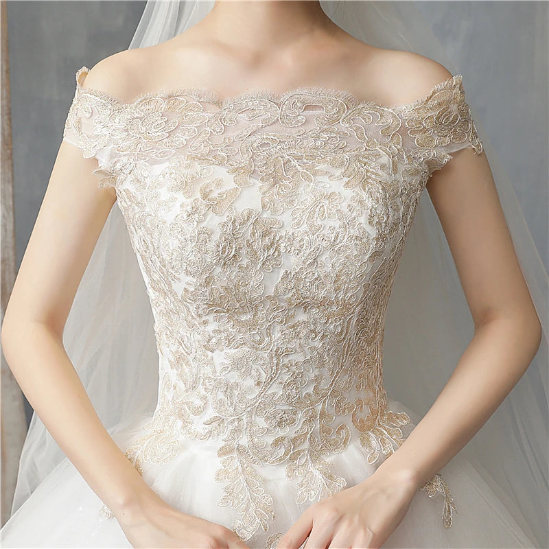 Simple Wedding Dress Off Shoulder Short Sleeve Floor or Train Wedding Gown Lace Applique Plus Size