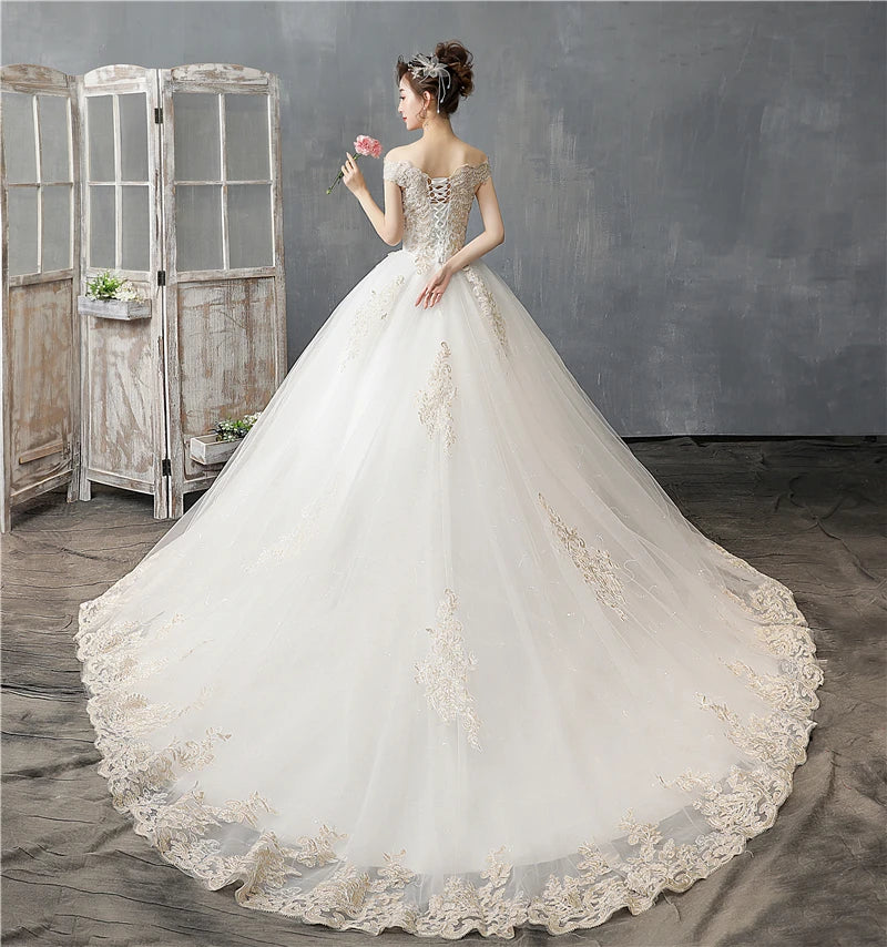 Simple Wedding Dress Off Shoulder Short Sleeve Floor or Train Wedding Gown Lace Applique Plus Size