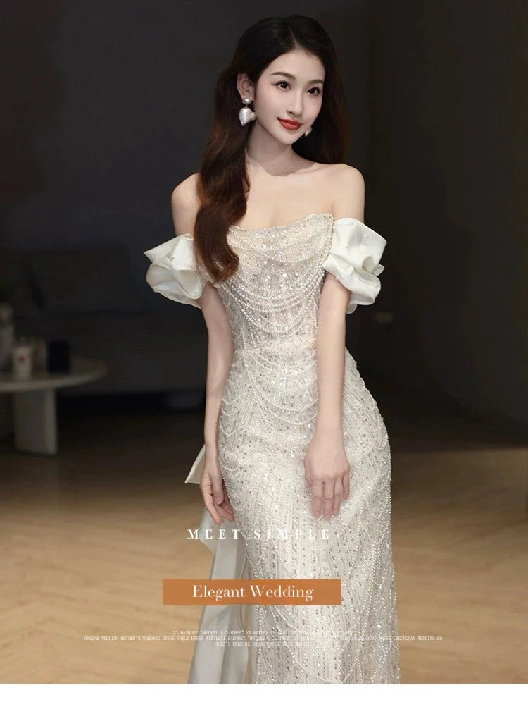 White Shiny Beading Evening Dresses Gorgeous Mermaid Host Light