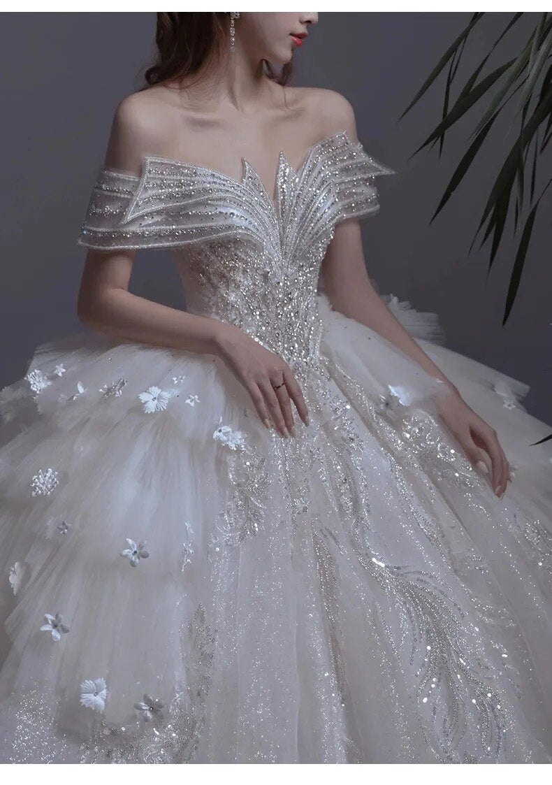 Floral Print Off The Shoulder Lace Luxury Wedding Dress