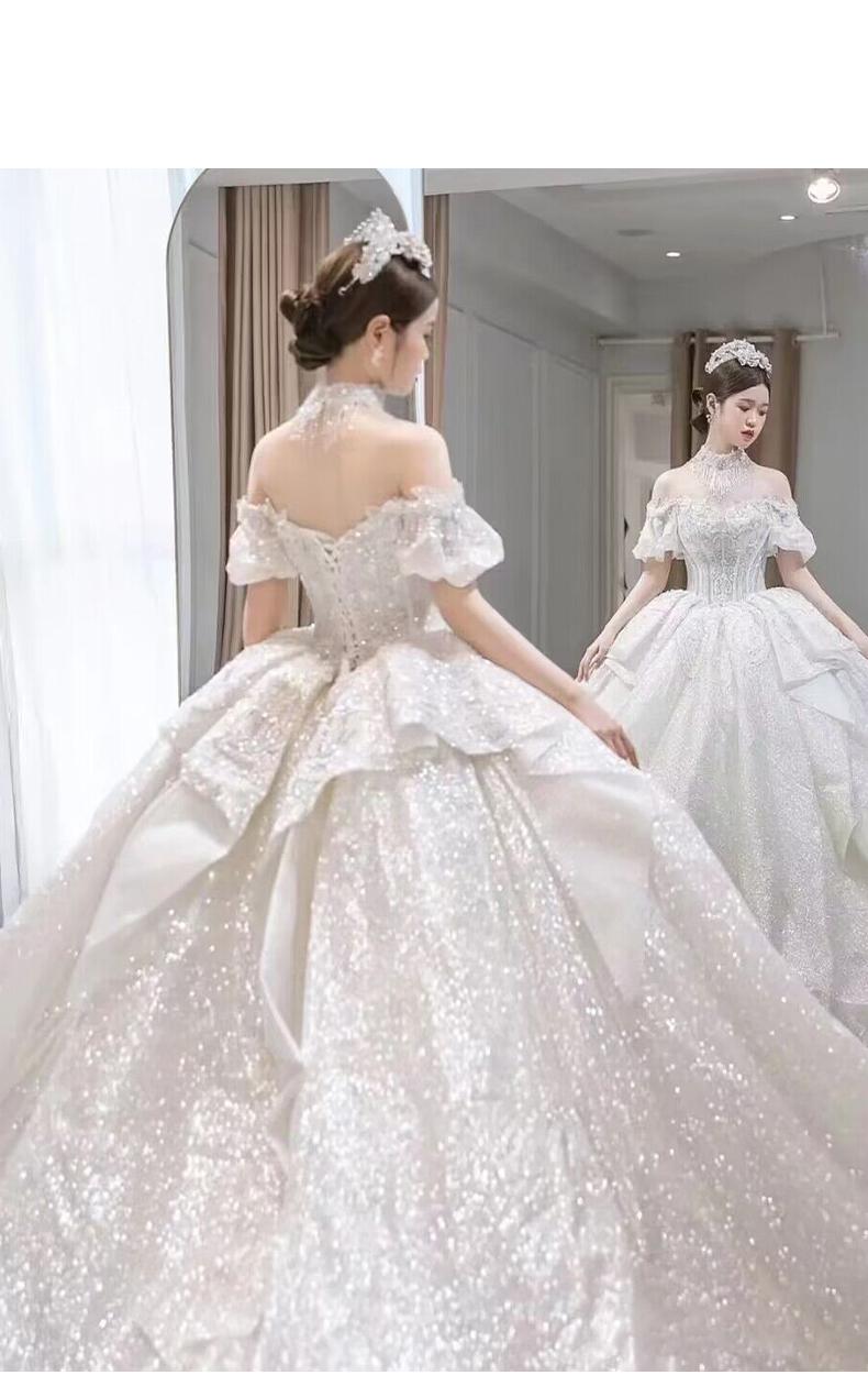 Bridal Dress Off The Shoulder Boat Neck With Bow Sequins Sweep Train