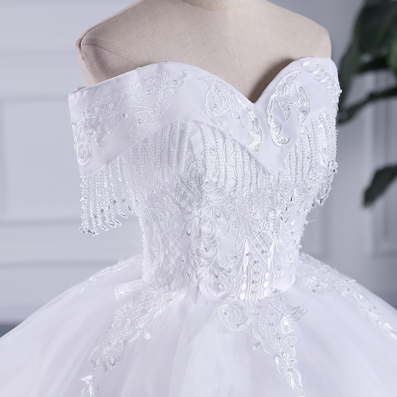 Luxury Tassel Long Train Wedding Gowns Sleeveless Lace Off The Shoulder Sweep Brush Train Lace Up Ball Gown Wedding Dresses