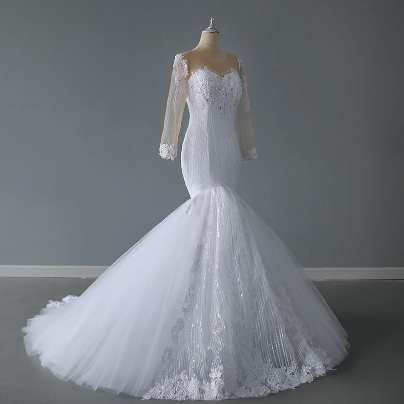 Long Sleeve Mermaid Wedding Dress With Small Train Elegant O Neck