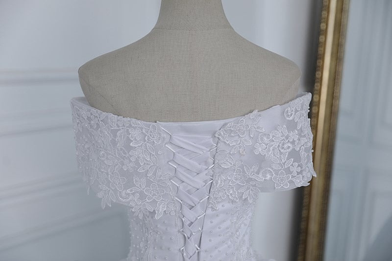 Off Shoulder Appliqes Pearls Long Train Bridal Gowns
