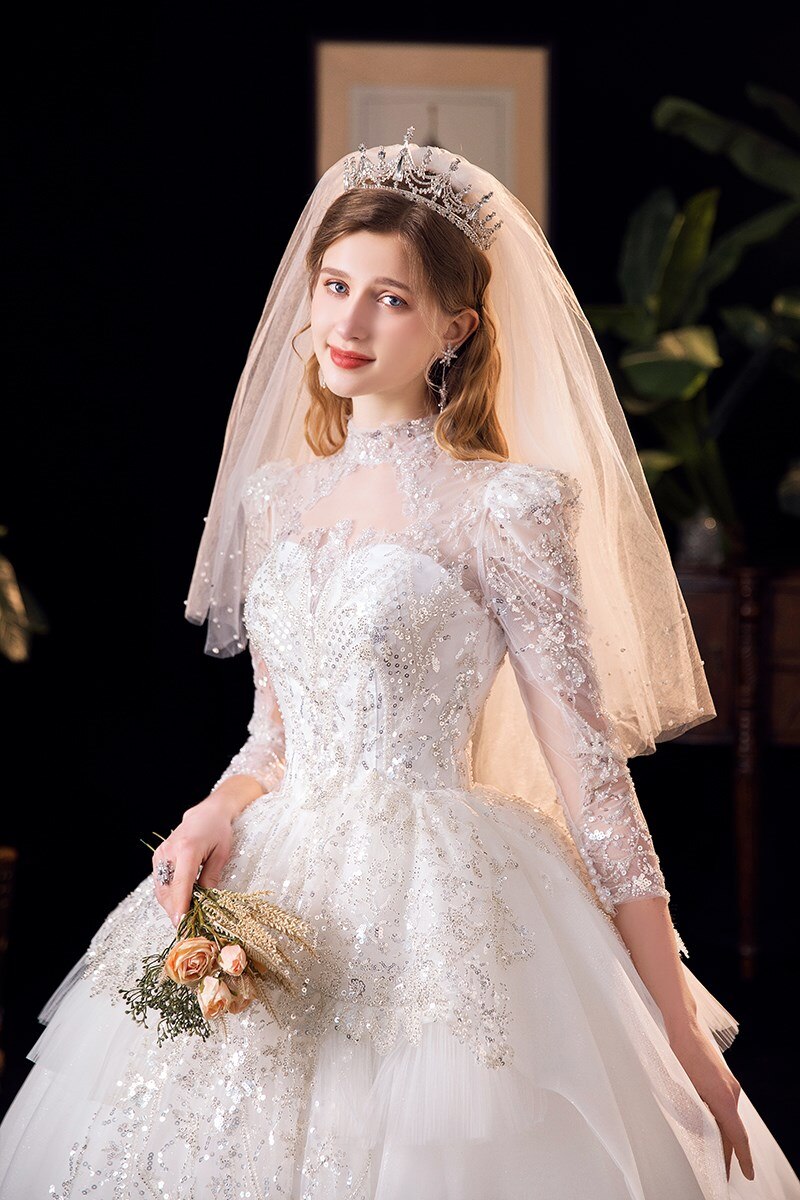 Luxury Long Sleeve Beading High Waist Wedding Gowns