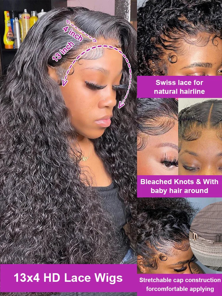Transparent 250% Density Water Culry Human Hair 40Inch Deep Wave