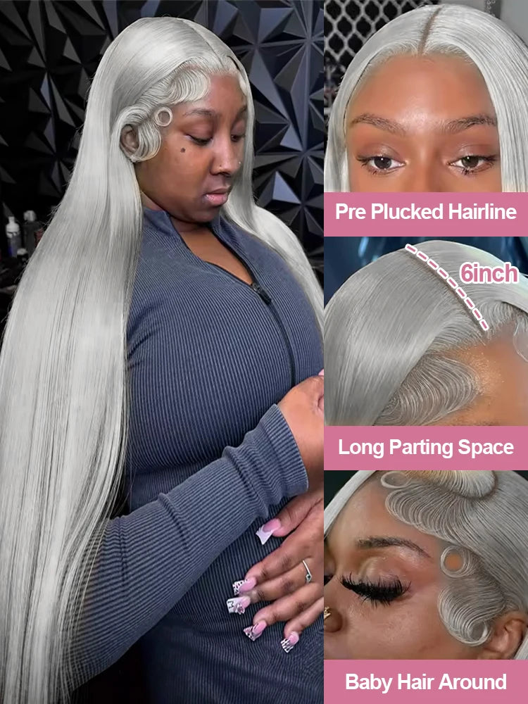 250 Density 13x6 Silver Grey Straight HD 613 Colored Lace Front Wig