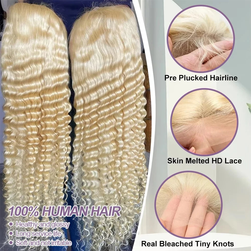 220% Curly 613 Honey Blonde 13x6 HD Brazilian Transparent 13x4 Lace Frontal Deep Wave Wig For Women