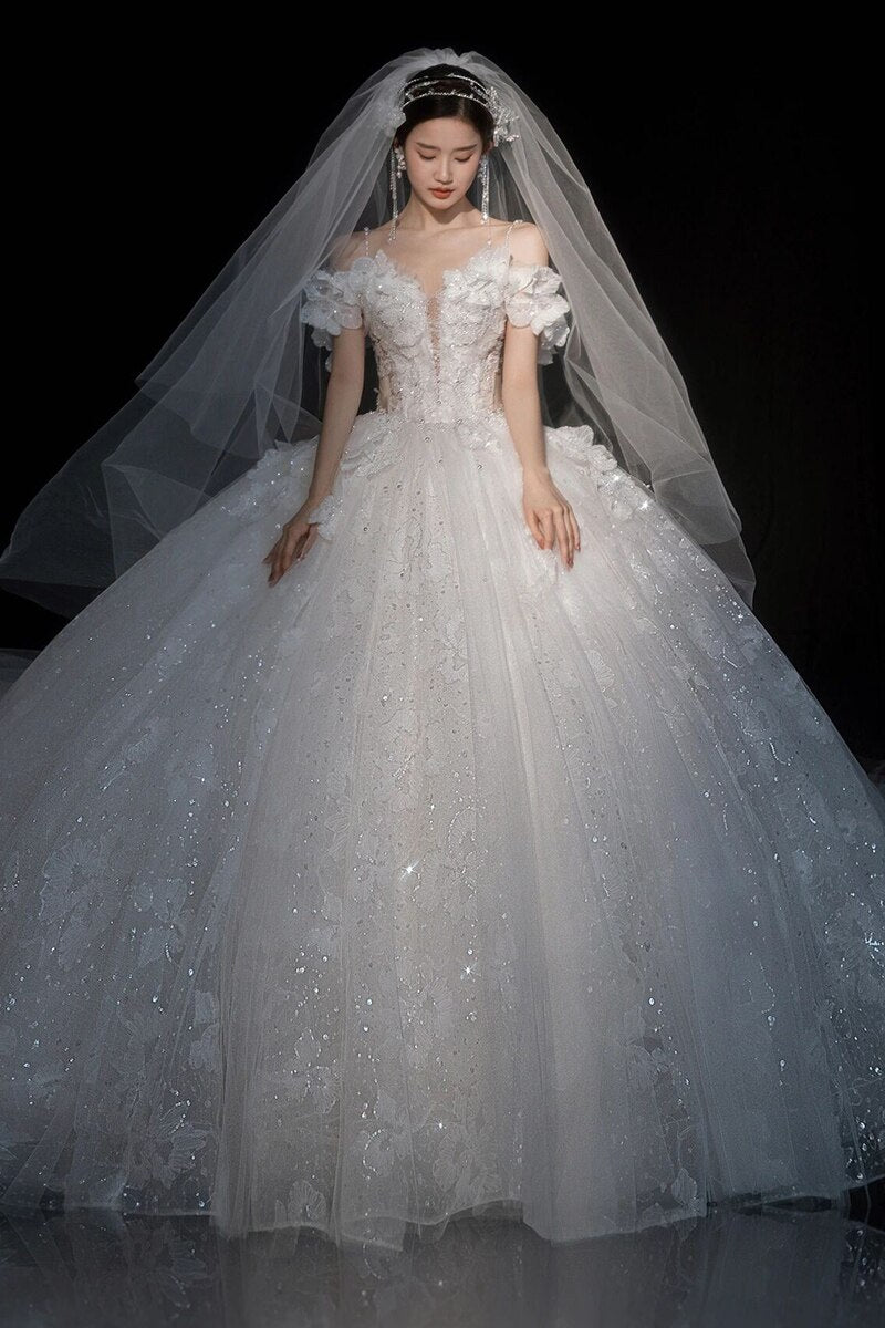 Luxury Off The Shoulder Sexy V-neck Bridal Dress