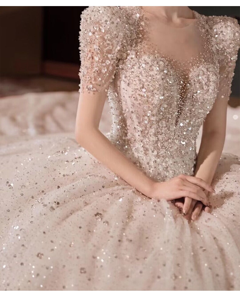 Bridal Dress Sequin Embellishment O Neck Floor-length Back Strap Sweep Train