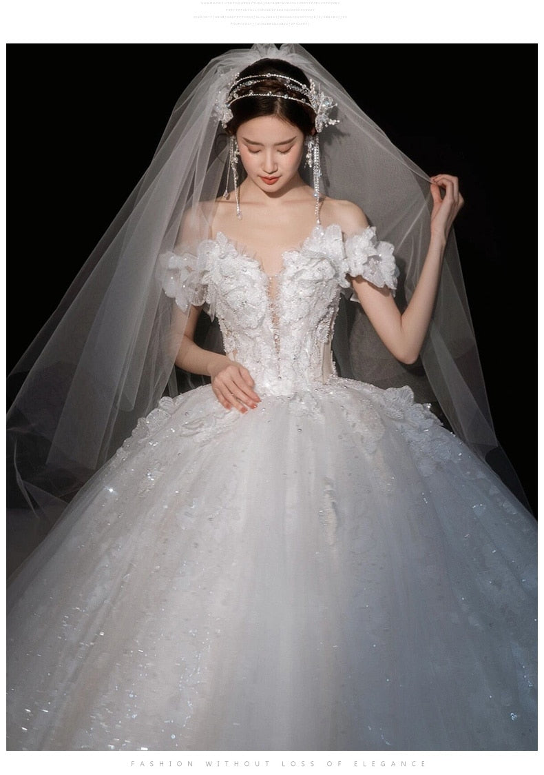 Luxury Off The Shoulder Sexy V-neck Bridal Dress