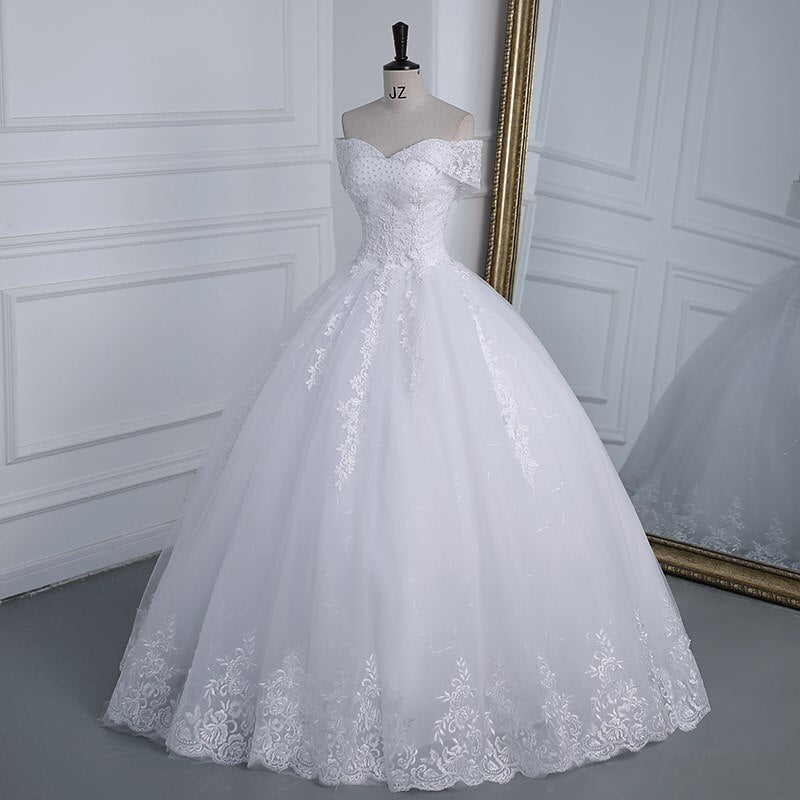 Off The Shoulder Plus Size Lace Wedding Dress Long Train Appliqes Pearls Bridal Tulle