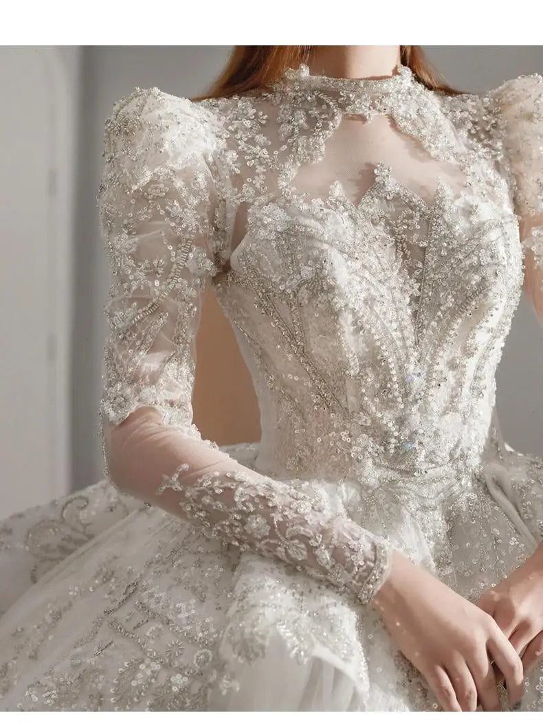 Winter Retro Vintage Wedding Dress For Bridals Long Sleeve Lace Appliques Beading Princess Ball Gown
