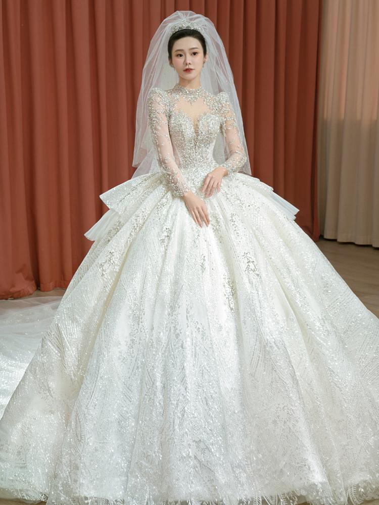 Luxury New O-neck Wedding Dress Long Sleeve Lace Applique Bridal Ball Gown Sweep Train