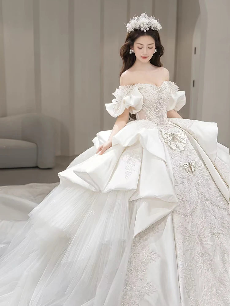 Off Shoulder Satin Gown Lace Embroidery