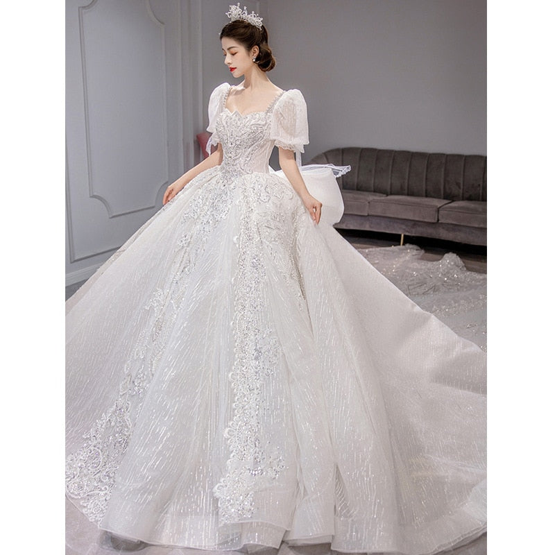 Short Puff Sleeve Bridal Embroidered Organza And Tulle Sweetheart Heart Lace Wedding Gowns