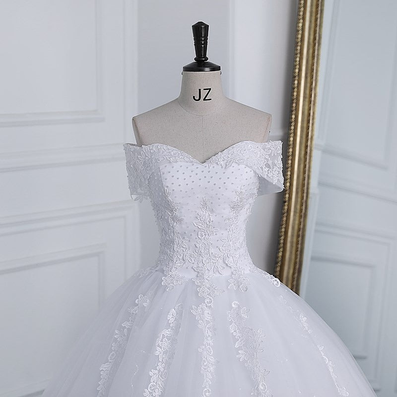 Off The Shoulder Plus Size Lace Wedding Dress Long Train Appliqes Pearls Bridal Tulle