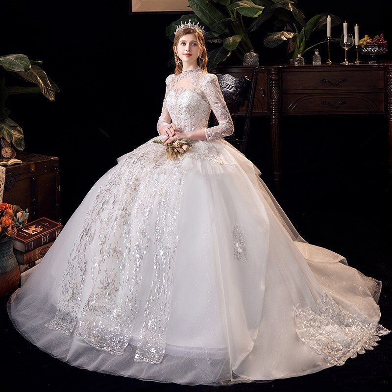 Luxury Long Sleeve Beading High Waist Wedding Gowns