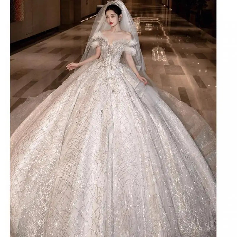 Off The Shoulder Luxury Wedding Dress Lace Embroidery Princess Ball Gown Elegent Sequin Bridal Dress Long Train