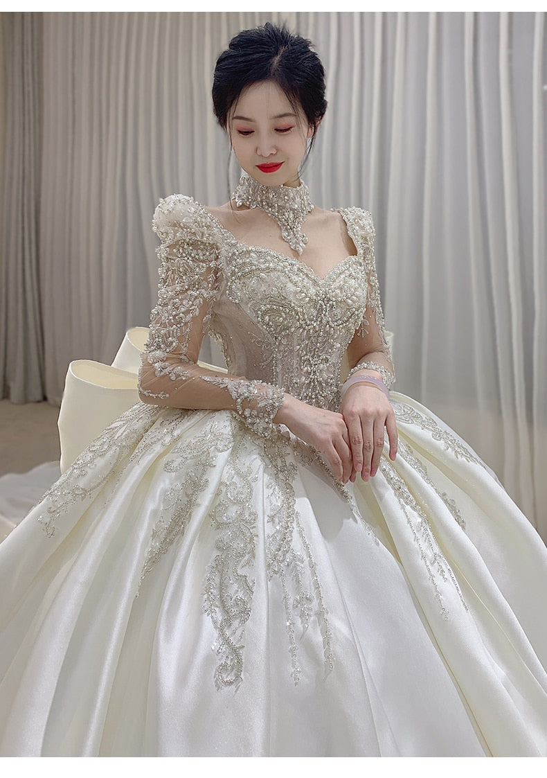 Long Sleeve Wedding Trailing Satin Lace Embroidery Bridal Dresses