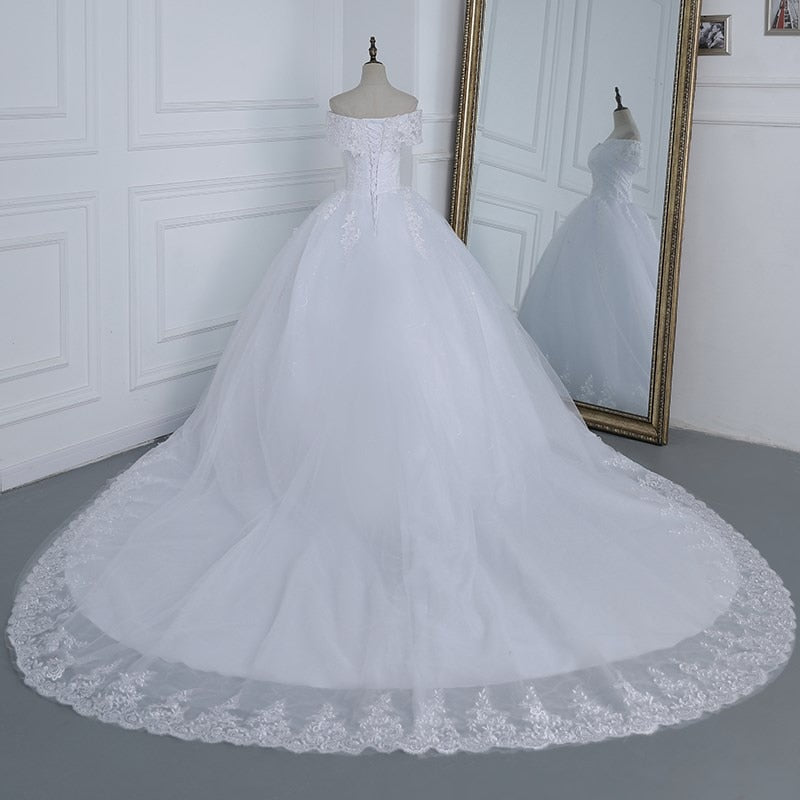 Off Shoulder Appliqes Pearls Long Train Bridal Gowns