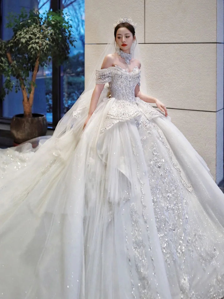 Luxury Wedding Dresses Witn Train Classic Boat Neck Wedding Ball Gown