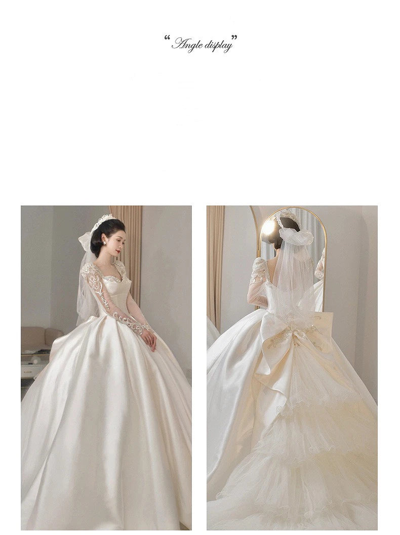 Satin O Neck Applique Sequined Beads Full Sleeve A Line Gowns