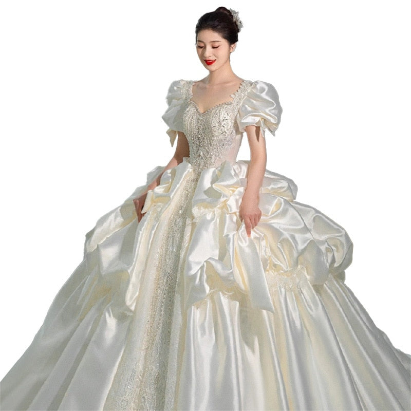 Satin Wedding Dress Lace Beading Shinny Lantern Sleeve Bridal Dress