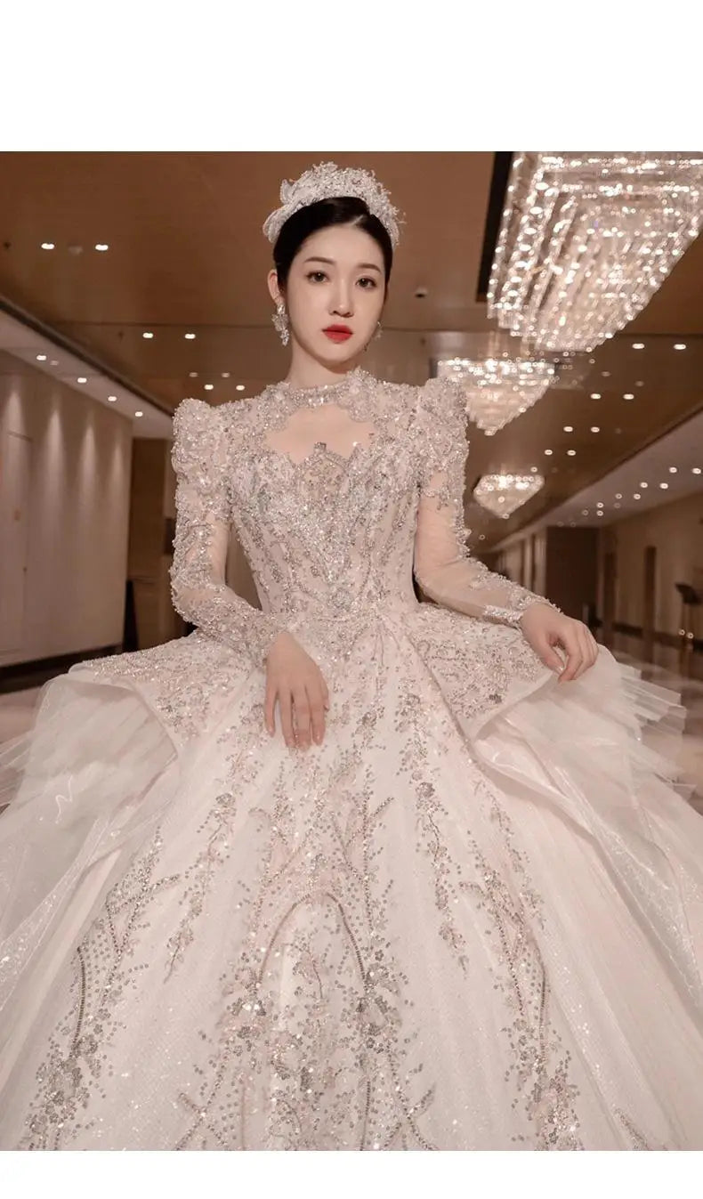 High Neck Long Sleeve Bead Bridal Gown Cathedral Train