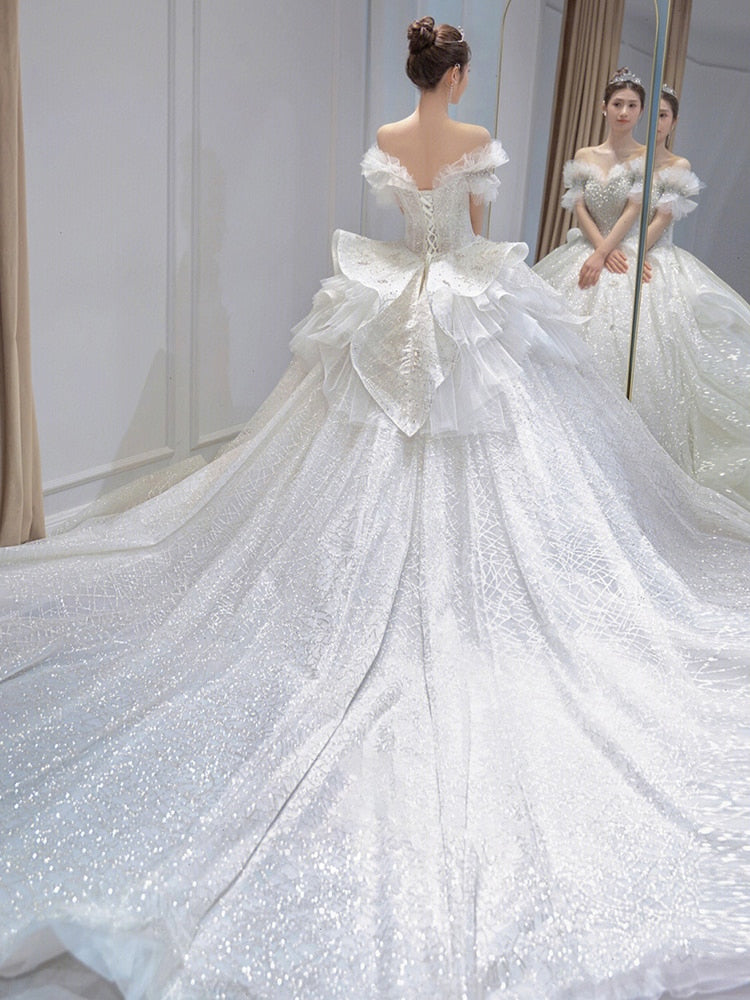 Luxury Wedding Dress Off The Shoulder Bridal Dress Lace Applique Custom Made
