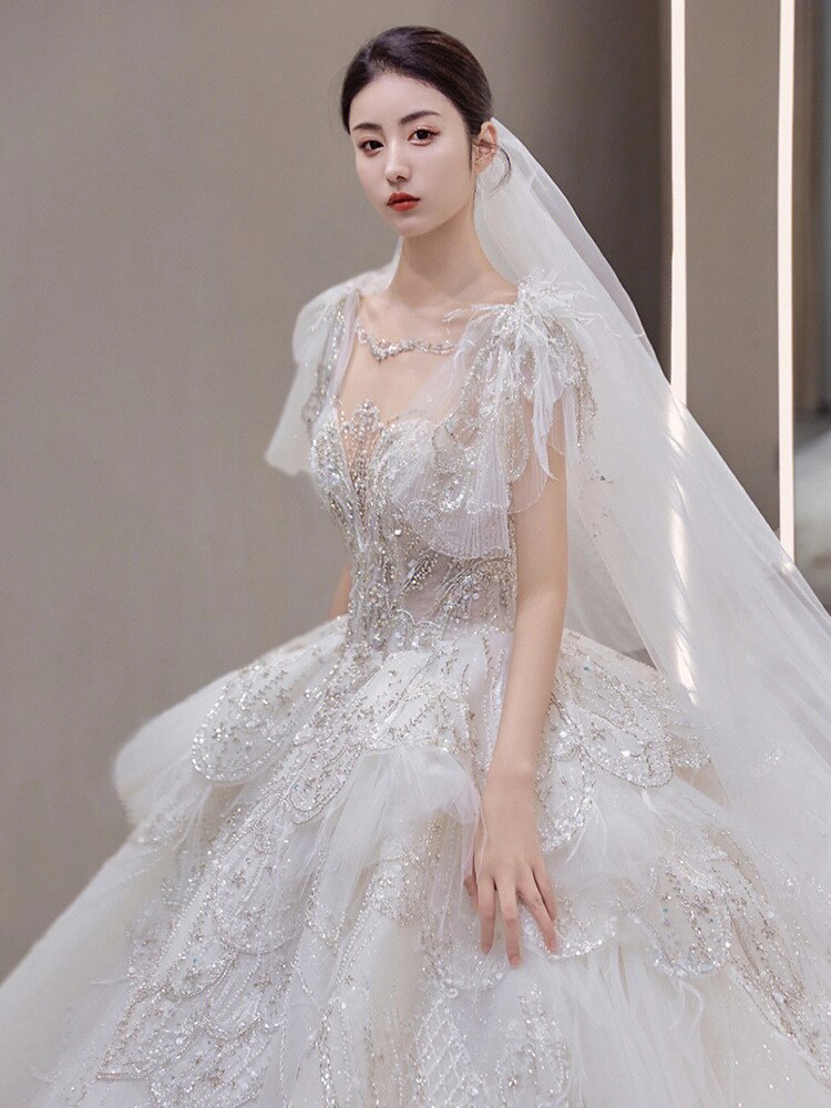 Luxury Wedding Dress Lace Embroidery Backless Sweep Train Custom Made