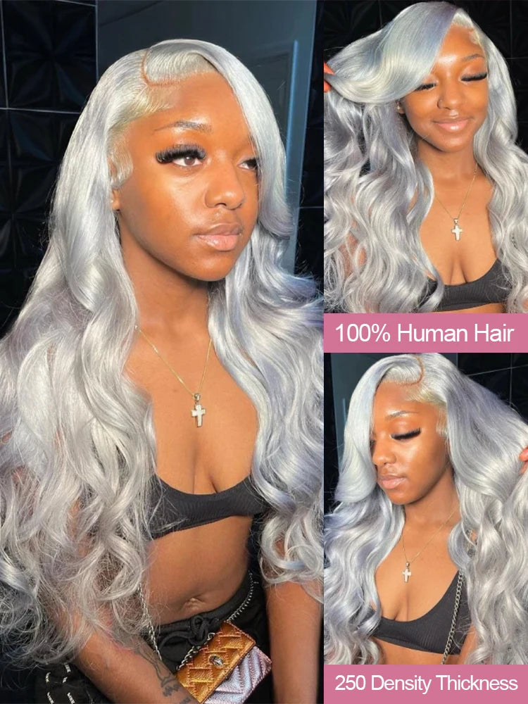 30 40 Inch Silver Grey Colored Body Wave Human Hair 13x6 HD Lace Frontal Wigs