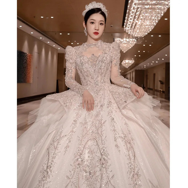 High Neck Long Sleeve Bead Bridal Gown Cathedral Train