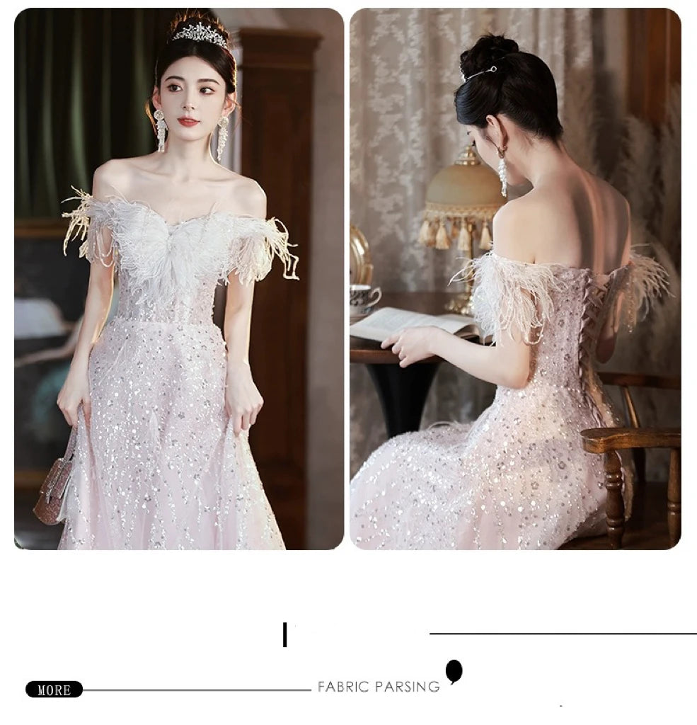 Pink Evening Dresses Off the Shoulder Lace-up Sequins Floor-Length A-line Sleeveless