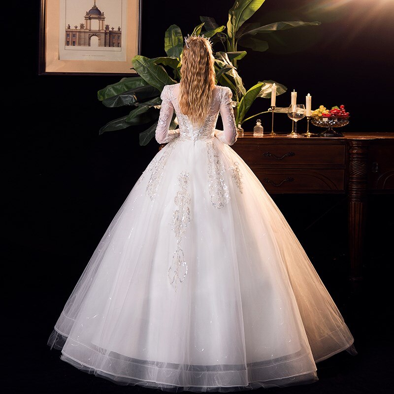 Luxury V Neck Long Sleeve Wedding Dress High Waist