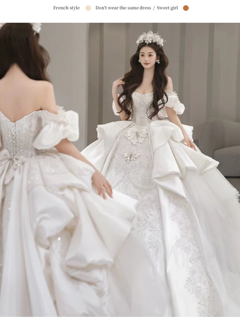 Off Shoulder Satin Gown Lace Embroidery
