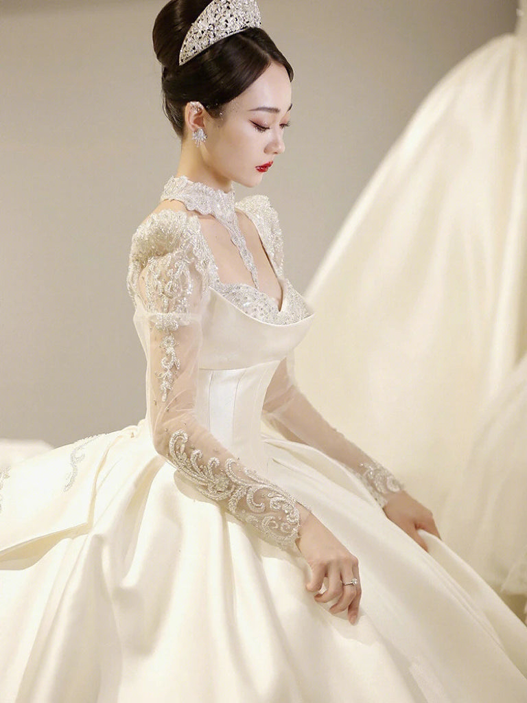 Satin O Neck Applique Sequined Beads Full Sleeve A Line Gowns