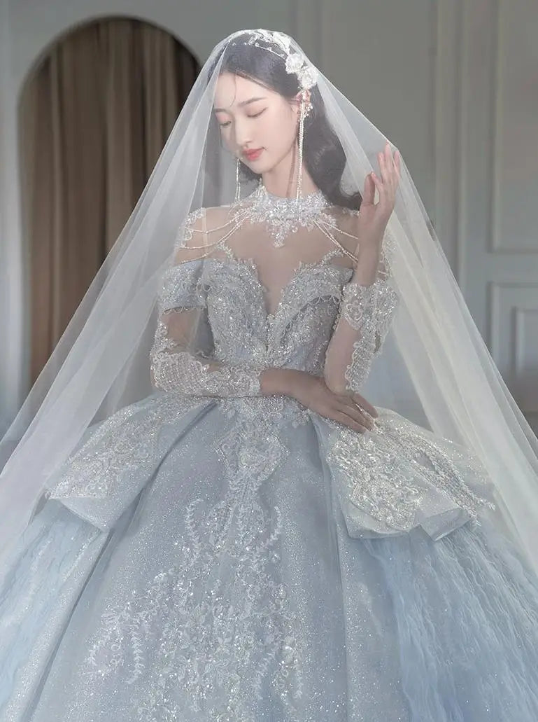 Off The Shoulder Shiny Embroidered Lace V Neck Vintage Bridal Ball Gown Dress