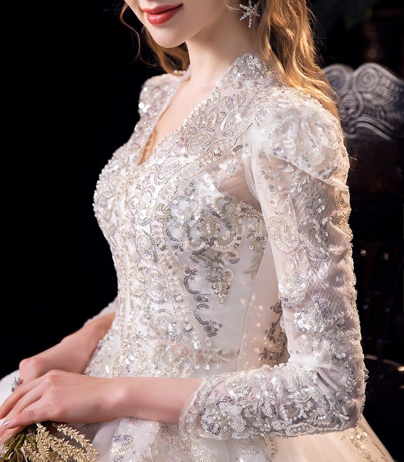 Luxury V Neck Long Sleeve Wedding Dress High Waist