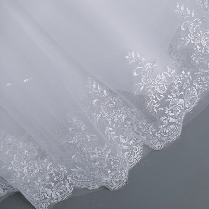 Off The Shoulder Plus Size Lace Wedding Dress Long Train Appliqes Pearls Bridal Tulle